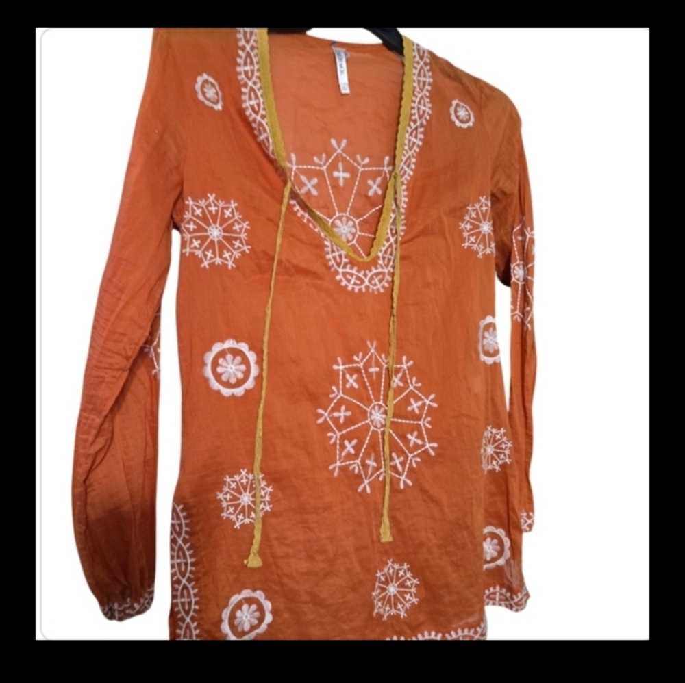 Embrodered Terracotta Orange Mandala Top Long Sleeve tunic blouse or cover up, L
